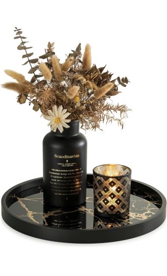 Black Round Marble Pattern Serving Trays for Kitchen/ Dinning Room - Modern Candle Display Tray for Living Room Centrepiece Decor