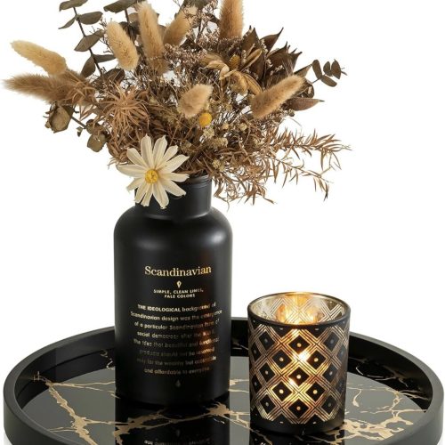 Black Round Marble Pattern Serving Trays for Kitchen/ Dinning Room - Modern Candle Display Tray for Living Room Centrepiece Decor
